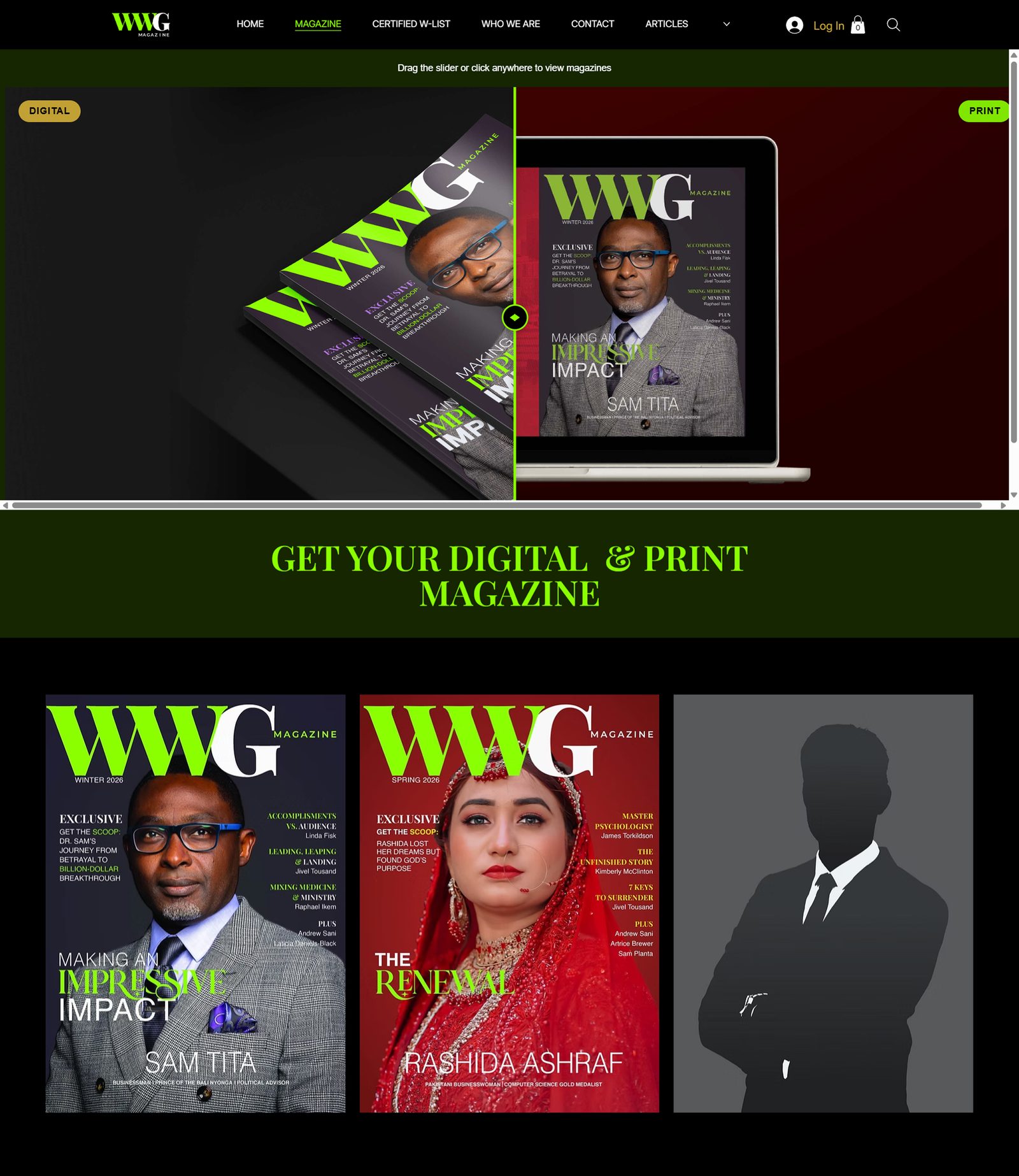 WWG Magazine issues page, a drag slider comparing the digital and print editions, above a row of full magazine covers